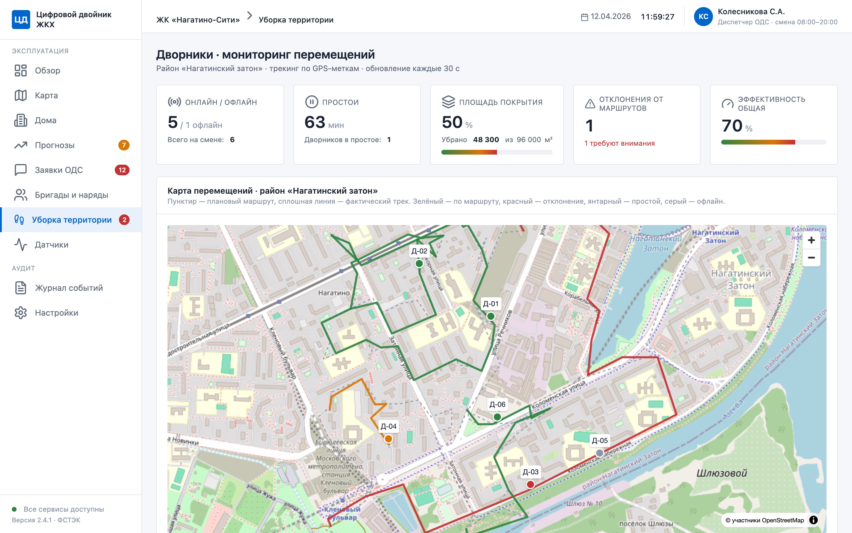 Уборка территории: GPS-треки дворников, план и факт маршрута, простои, покрытие